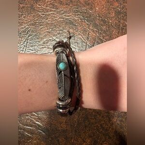 Boho Faux Leather Feather Wrap Bracelet with Turquoise Style Accent Adjustable